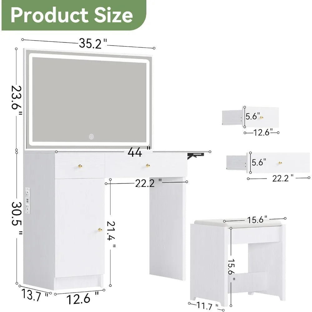 Vanity Desk Set with Large LED Lighted Mirror, Drawers & Cabinet