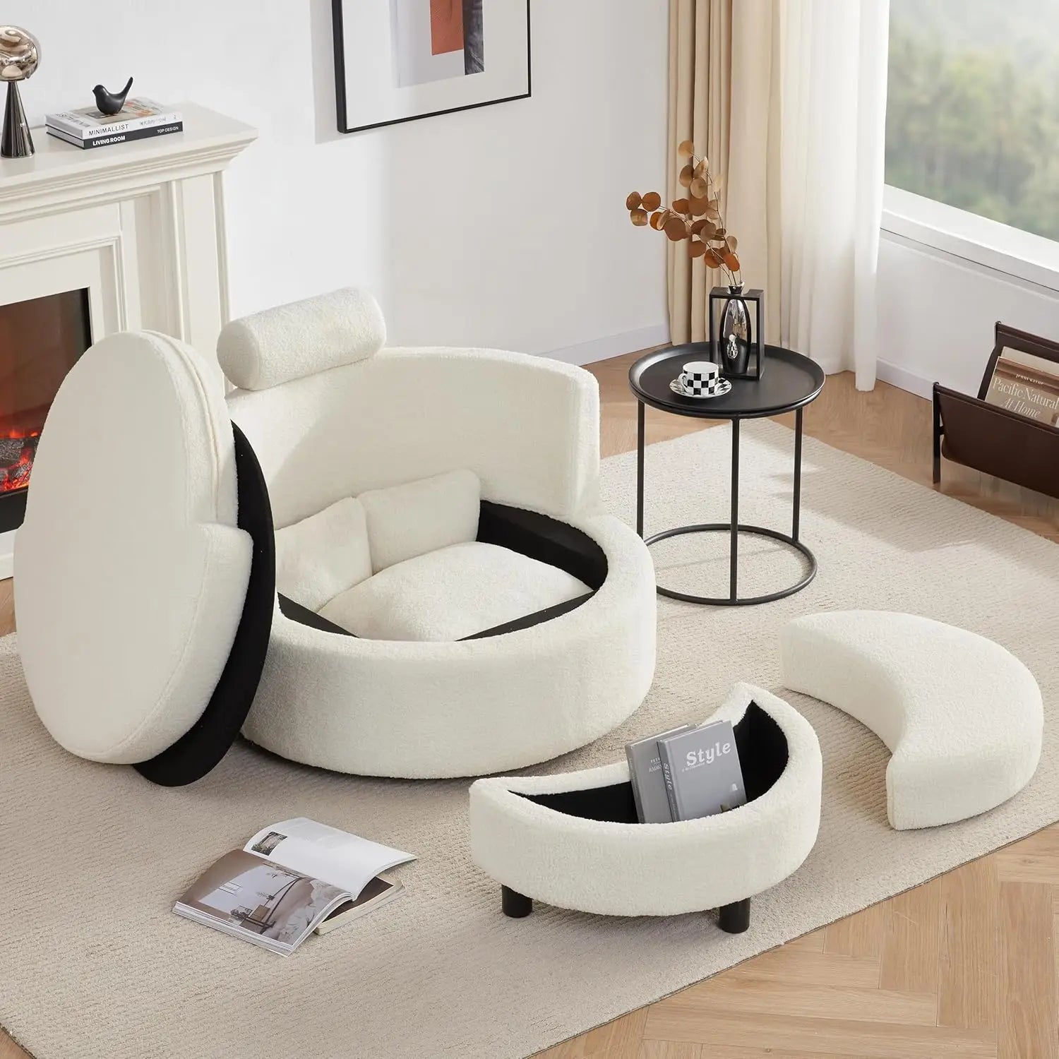 Oversized Swivel Round Chair with Storage, Chaise Lounge with Removable Pillows
