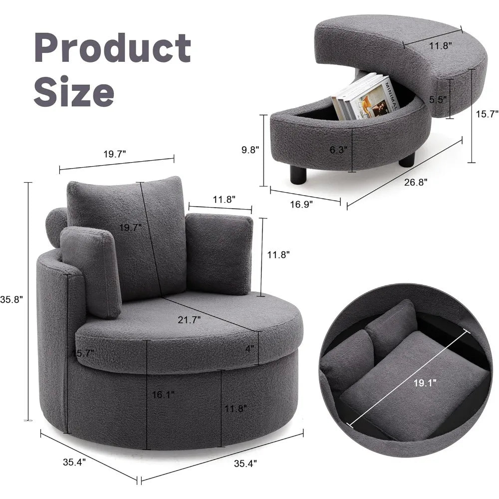 Oversized Swivel Round Chair with Storage, Chaise Lounge with Removable Pillows