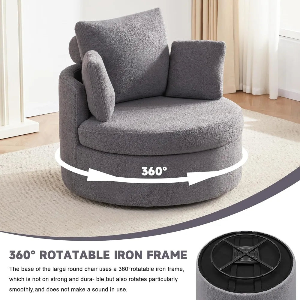 Oversized Swivel Round Chair with Storage, Chaise Lounge with Removable Pillows