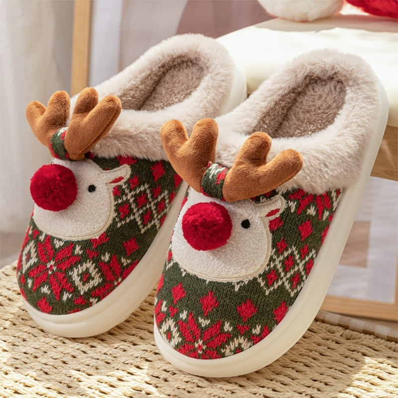 Cute Christmas Elk Plush Slippers- Fuzzy Home Shoes