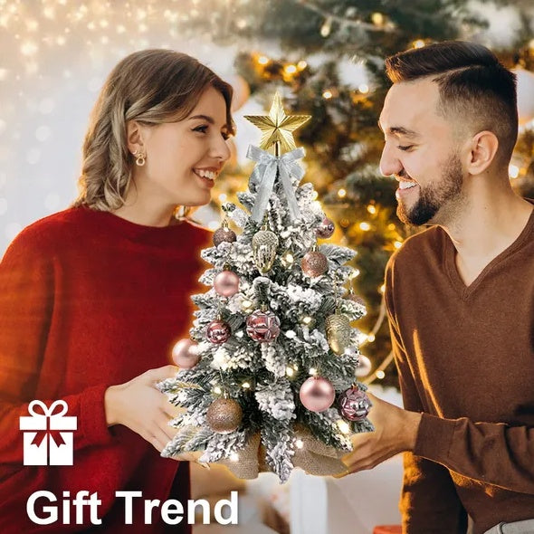 Tabletop Christmas Tree With Light. Artificial Decoration With Flocked Snow